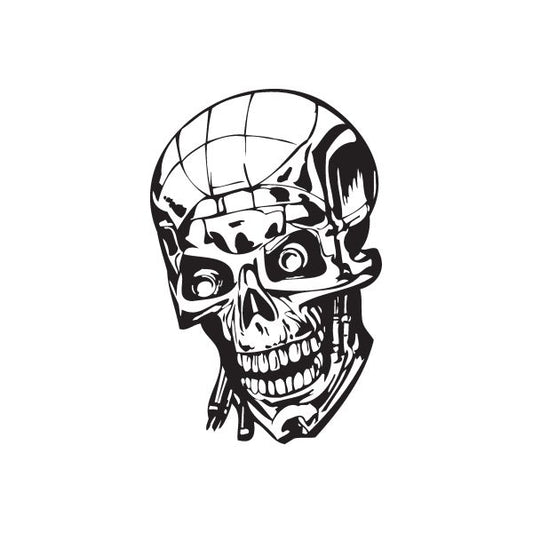 Black and white skull vinyl wall decal with detailed helmeted face