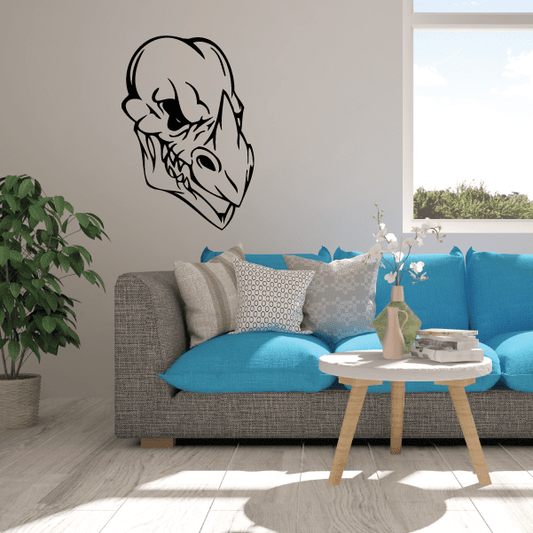 Black skull wall decal vinyl with side profile outline on light wall