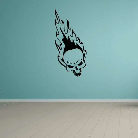 Black skull and flame vinyl wall decal with fiery outline