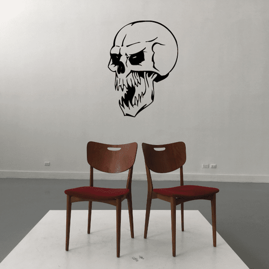 Black skull wall decal with detailed face design, vinyl sticker style