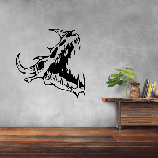 Black stylized skull wall decal vinyl with open mouth and sharp teeth