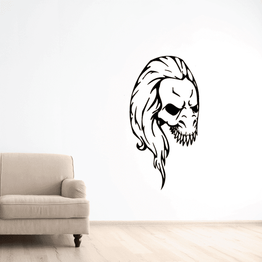 Skull wall decal vinyl with black skull and long hair, graphic design