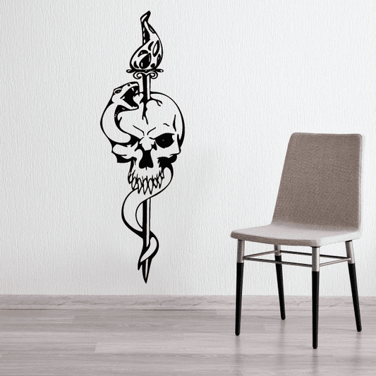 Skull wall decal with flames and dagger, black vinyl sticker for smooth surface