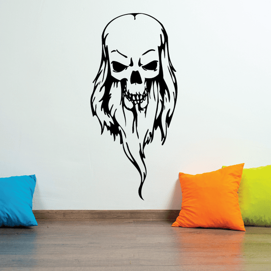 Skull wall decal vinyl sticker, black skull with long hair and beard