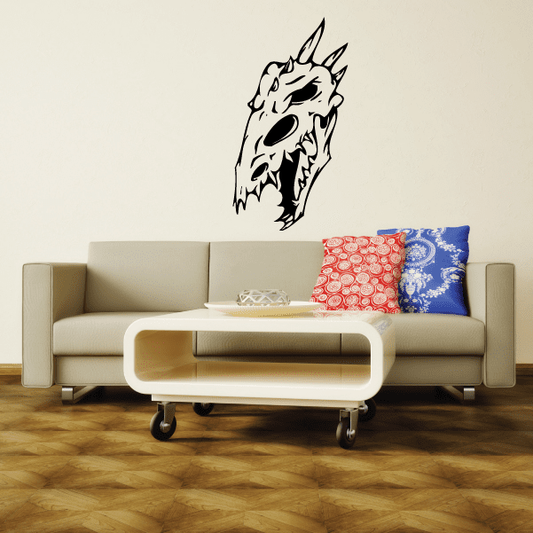 Black skull wall decal with stylized horns and face
