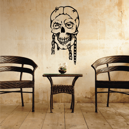 Skull wall decal with outlined skull face and hanging chains, black vinyl sticker