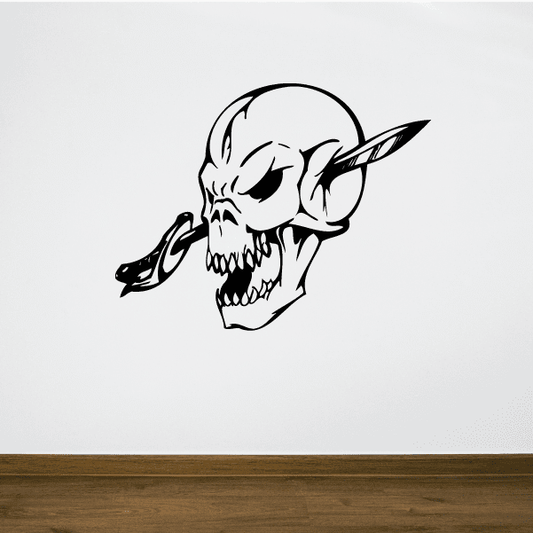 Skull wall vinyl decal, black and white, with pointed ears and horns