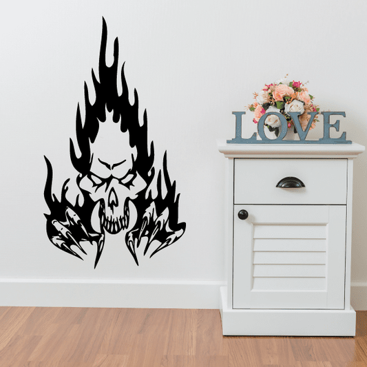 Skull and flame vinyl wall decal in black, flame-like edges around skull