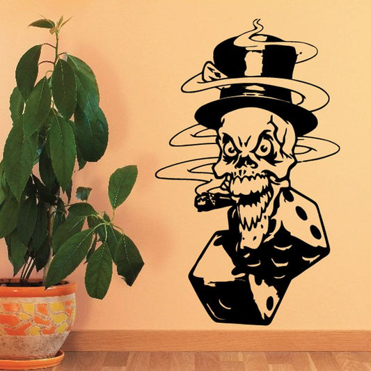 Skull wearing top hat with smoking cigar decal sticker, black and white graphic