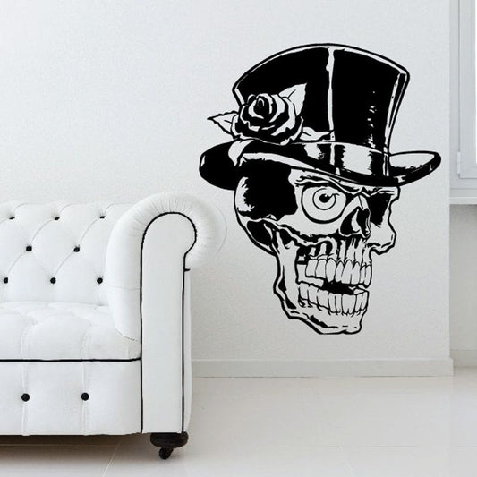 Skull decal with top hat and rose design in black