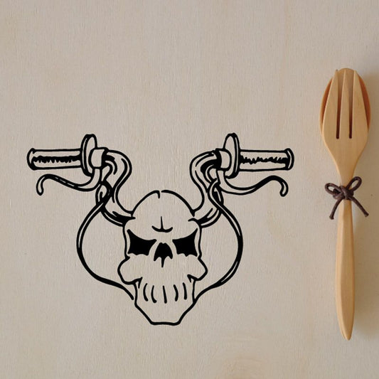 Skull wall decal with crossed dumbbells and bold black outline.