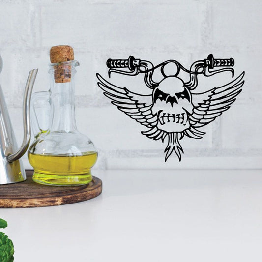 Skull wall decal with black winged skull design, vinyl car sticker style