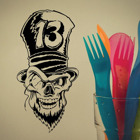 Skull decal with top hat, beard, and bold number 13 in black and white