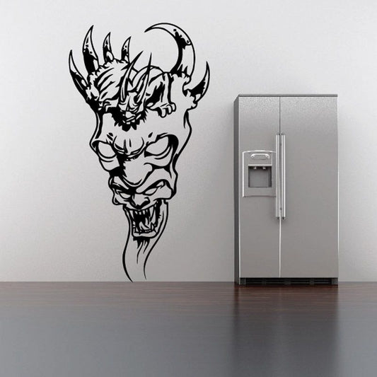 Black skull wall decal with horned, snarling face and decorative flames