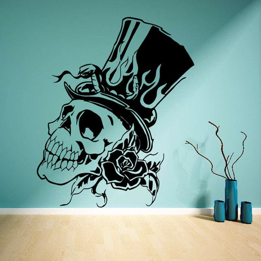 Black skull and rose top-hat wall decal with flame detailing