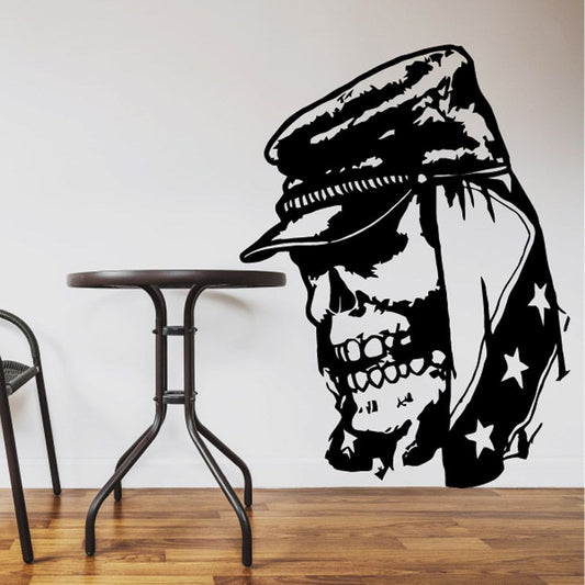 Black skull wall decal with hood and stars, vinyl sticker graphic
