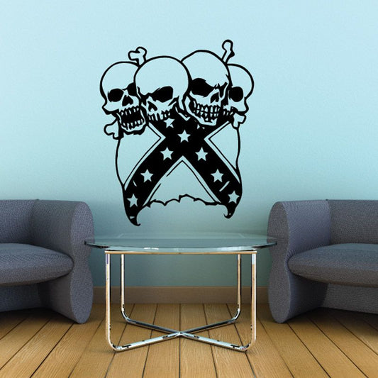 Vinyl skull wall decal of two crossed skulls with stars and ribbon shapes
