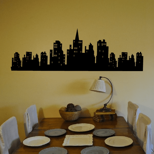 Black city skyline wall decal silhouette with tall buildings and varied rooftops