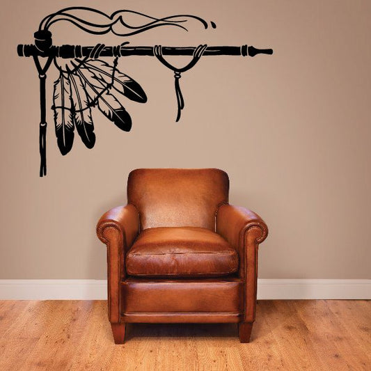 Black peace pipe with feather decal, leaf and feather details