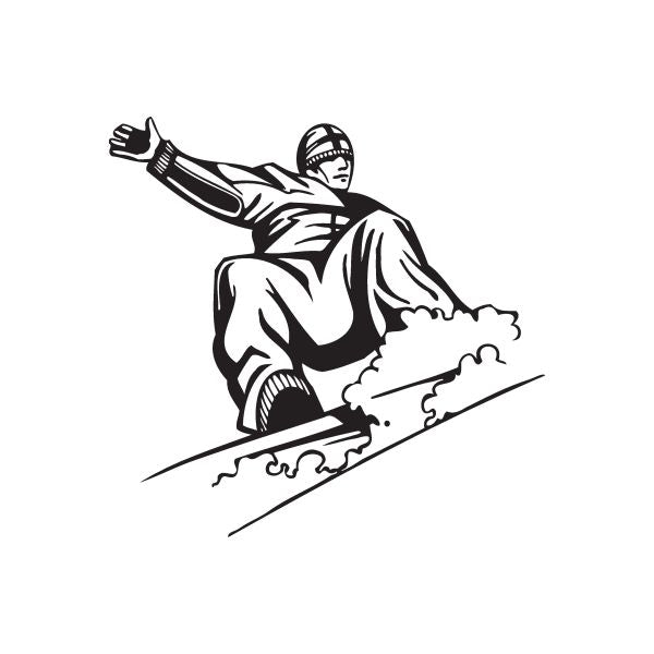 Snowboarding wall decal featuring black outline snowboarder in mid-turn