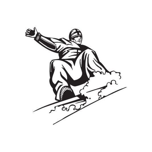 Snowboarding wall decal featuring black outline snowboarder in mid-turn
