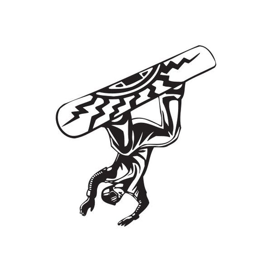Snowboarding wall decal showing black-and-white snowboarder with long board