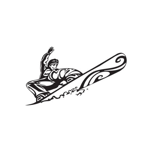 Snowboarding wall decal of a black-and-white snowboarder with board and tribal swirls