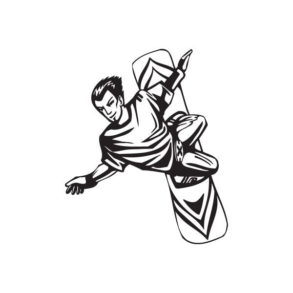 Snowboarding vinyl wall decal of a black-and-white snowboarder in mid-air
