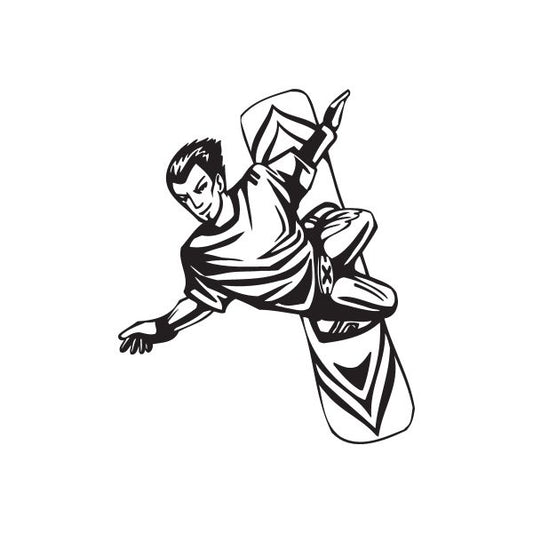 Snowboarding vinyl wall decal of a black-and-white snowboarder in mid-air