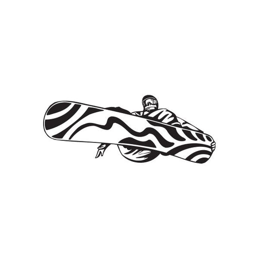 Snowboard wall decal of a helmeted rider on a black-and-white striped snowboard