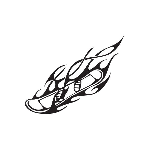 Black tribal snowboarding wall decal with flame-like swoosh and board graphic