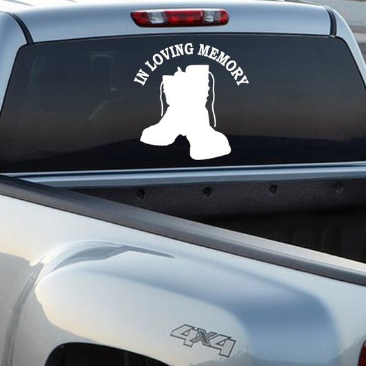 White In Loving Memory soldier boot decal on car rear window
