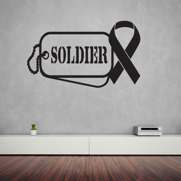 Soldier dog tag with ribbon decal, black tag with ribbon icon