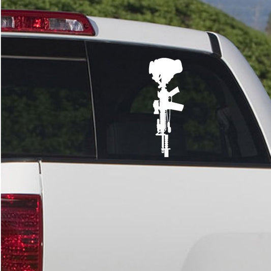 Combat soldier memorial decal sticker with white soldier holding rifle on car window