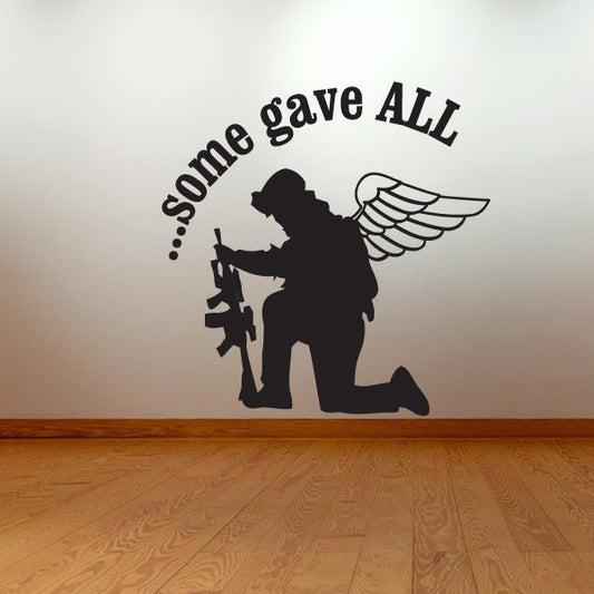 Sniper soldier wall decal: dark silhouette with wings and bold slogan text