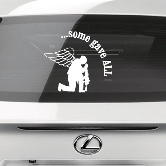 Winged soldier car decal with “some gave All” text and white winged figure