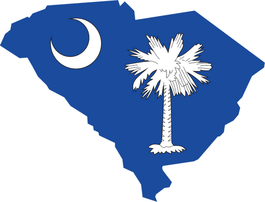 South Carolina state flag sticker, blue map with crescent moon and palmetto tree