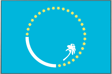 Teal flag sticker with circular ring of yellow stars, white crescent and blue figure.