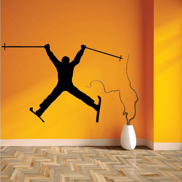 Black skiing silhouette decal with poles and spread-leg stance