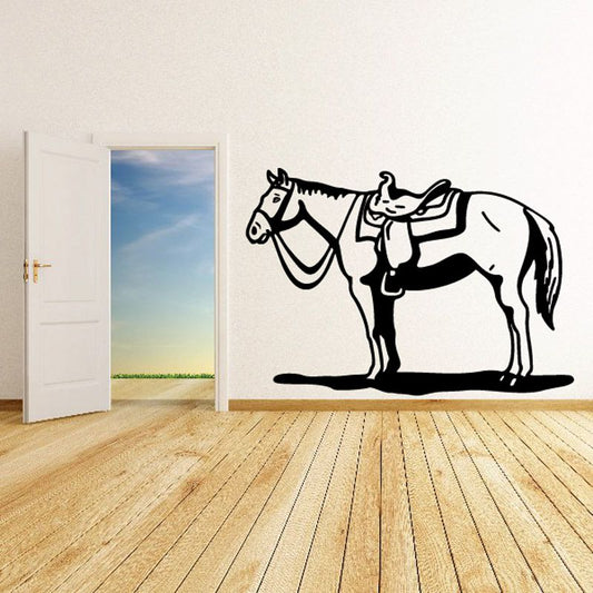 Standing saddled horse wall decal, black outline