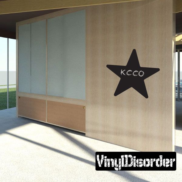 Star chalkboard decal, black star with white “kccco” lettering