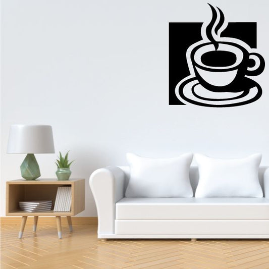 Steamy coffee cup wall decal with steaming mug icon on black square