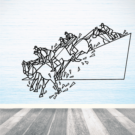 Steeplechase wall decal with black line-art horse and rider jumping a hurdle
