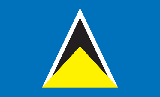 St Lucia flag sticker with triangular crest in blue, black, white, and yellow