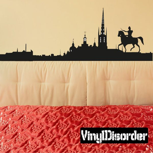 Black skyline wall decal with horse rider silhouette and tower spire