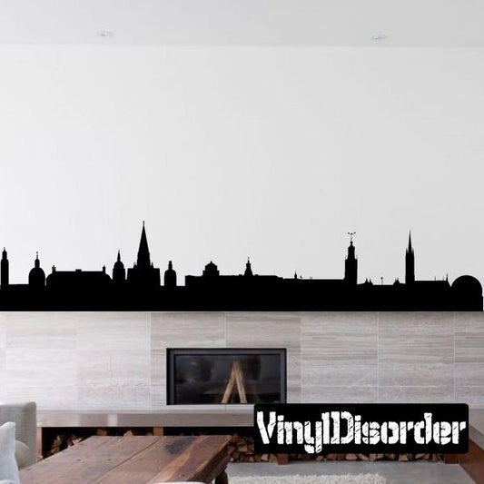 Black Stockholm skyline wall decal with building silhouettes and arch bridge outline