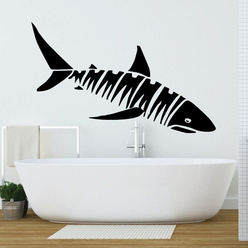 Black shark wall decal with zebra stripe design, long fins and tail.