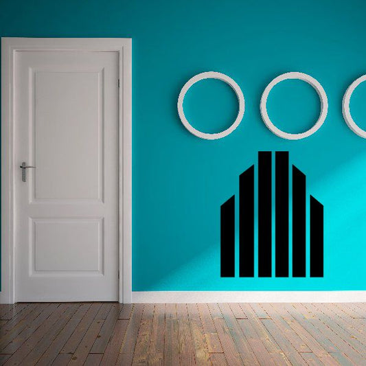 Striped building wall decal with black facade, vertical stripes and three ring windows