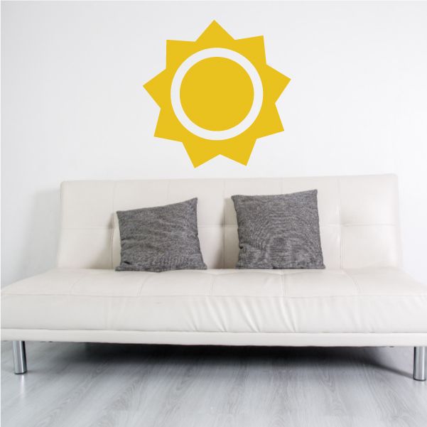 Sun wall decal vinyl, yellow gear-shaped sun with white center circle