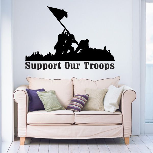 Support Our Troops wall decal with soldier and tank silhouette